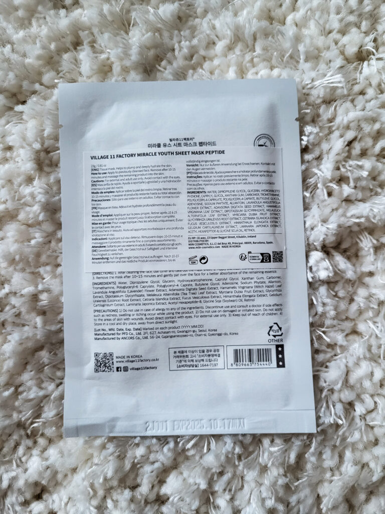 RECENSIONE  MIRACLE YOUTH SHEET MASK PEPTIDE VILLAGE 11 FACTORY